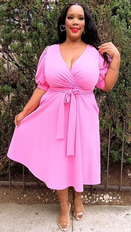 Hi Curvy  Plus Size Women Wrap Midi Dresses with Pockets and belt