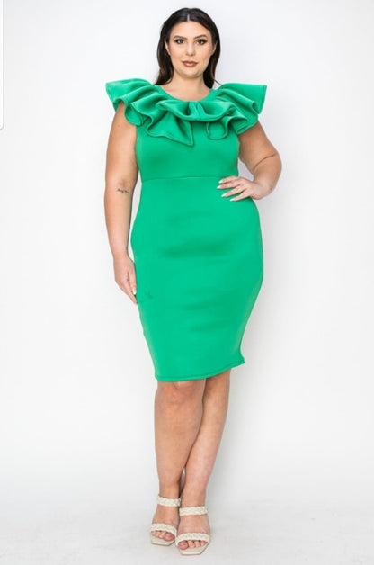 Plus Size Ruffled Neck Detail Sleeveless Midi Bodycon Dress