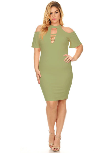 Plus Size  Short Sleeves Cold Shoulder  Mock Neck Cutout Keyhole Bodycon Dress