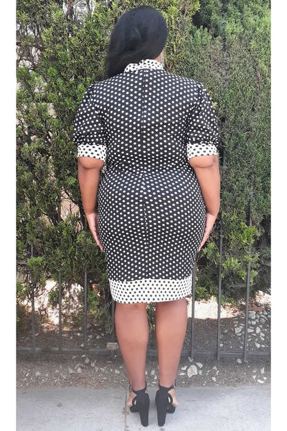 Plus Size  Bow Tie Neck Polka dots  Midi Dress with Pocket