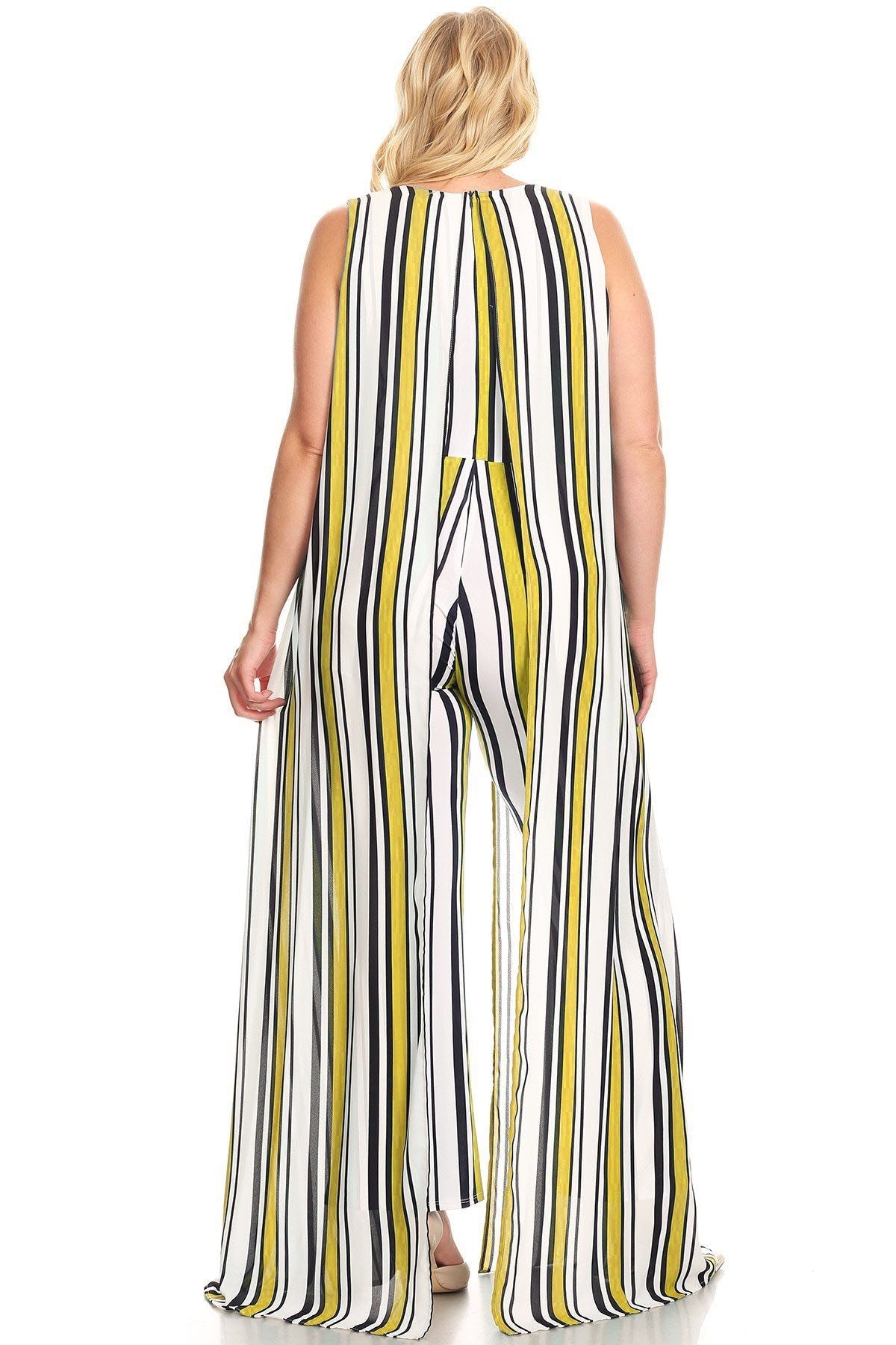 Plus Size Stripe Print Sleeveless Split Layer Caped Jumpsuit