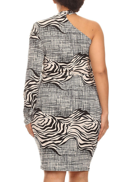 Hi Curvy Plus Size Women Zebra Print One Sleeve Mini Dress made in USA