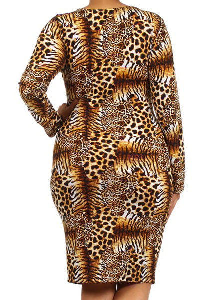 Plus Size Women Cheetah spot print Cut out Bodycon Dress