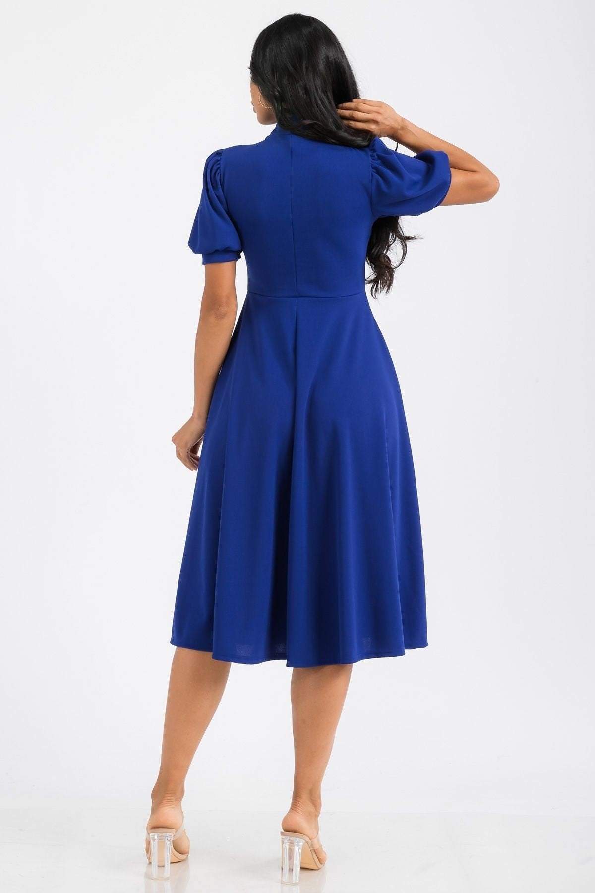 Women Chic Short Sleeves Front Bow Tie Flare Midi Flowy Dress With Belt Pockets