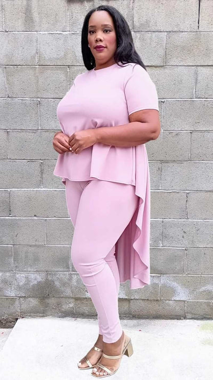 Plus Size Round Neck Short Sleeve Back pleated Top and Pants Set