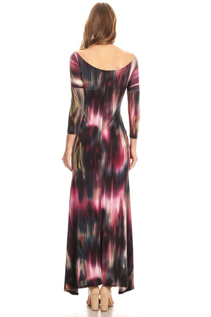 Women 3/4 Sleeves V-neck and Scoop Back Abstract printed Knit Maxi Dress and ruched detail