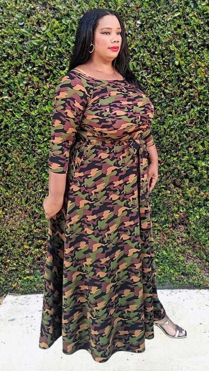 Plus Size Women Flare Camouflaged Maxi Dress with Pockets