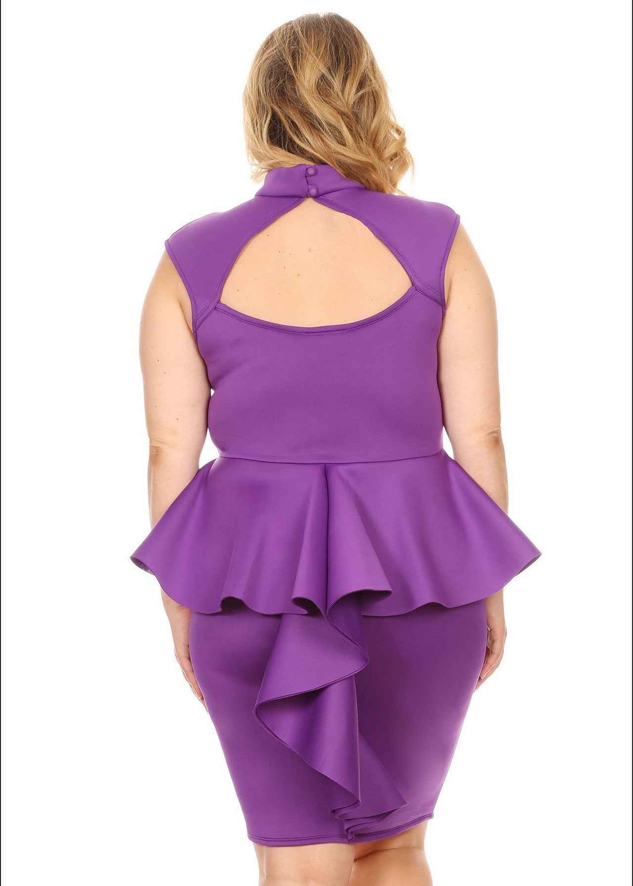 Plus Size Mock Neck Peplum Back Ruffle Hem Keyhole front Knee Dress