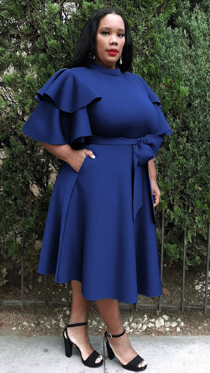 2862 Plus Size Extravagant Fit and Flare Midi Dress With Belt