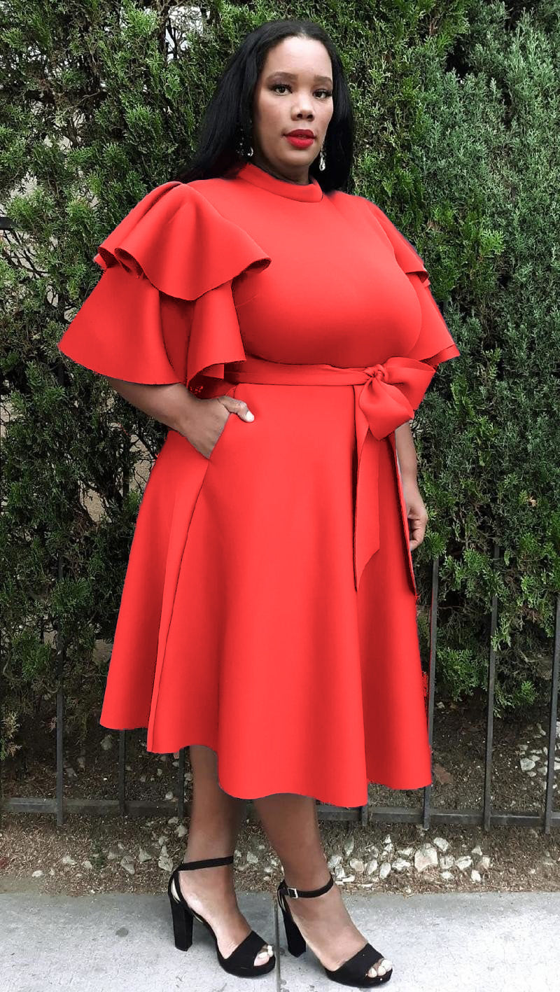 2862 Plus Size Extravagant Fit and Flare Midi Dress With Belt