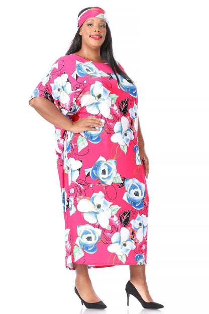 Plus Size Women Flora Print Midi Shift Dress with Headscarf