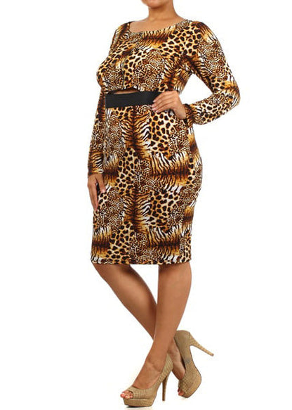 Plus Size Women Cheetah spot print Cut out Bodycon Dress