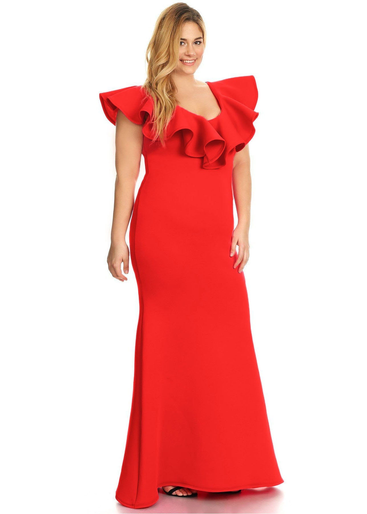 Plus Size Women  Ruffle Hem V-neck Mermaid Maxi Dress