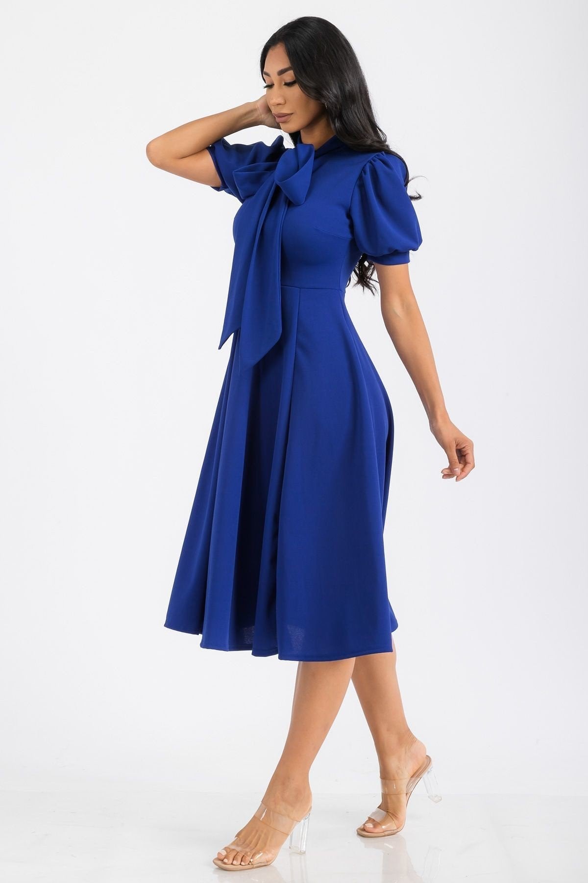 Women Chic Short Sleeves Front Bow Tie Flare Midi Flowy Dress With Belt Pockets