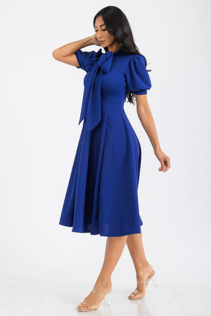 Women Chic Short Sleeves Front Bow Tie Flare Midi Flowy Dress With Belt Pockets