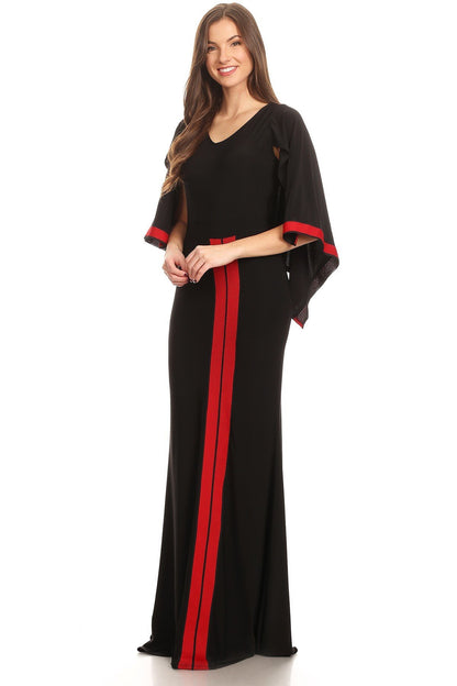 Women Chic Elegant ruffle sleeves V-Neck Dress with Red Trim Flare Maxi Dress