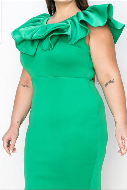 Plus Size Ruffled Neck Detail Sleeveless Midi Bodycon Dress