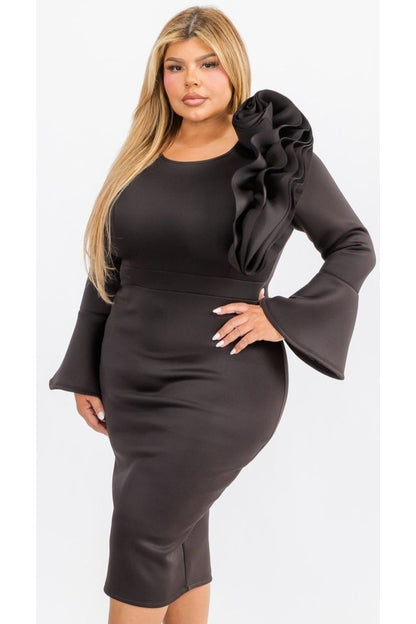 Plus Size Bell Sleeves Ruffed Shoulder with Flower Detail Bodycon Dress