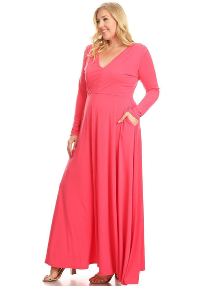 Plus Size Long Sleeves V-Neck Flare Maxi Dress