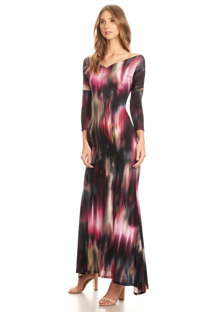 Women 3/4 Sleeves V-neck and Scoop Back Abstract printed Knit Maxi Dress and ruched detail