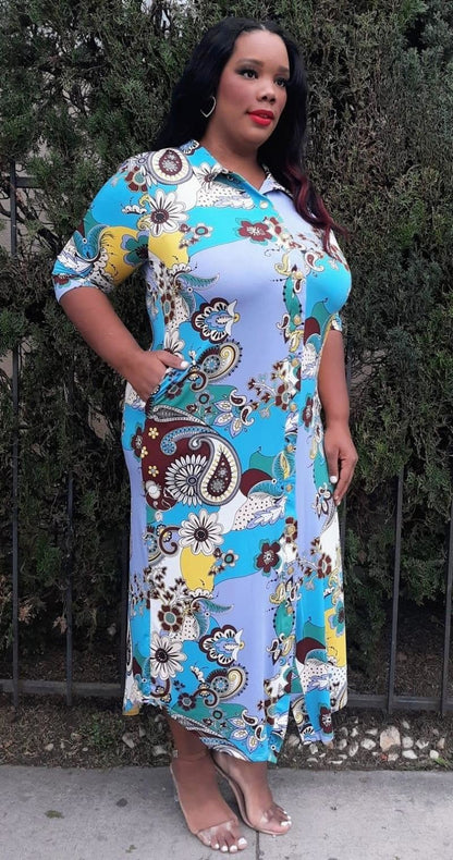 Plus Size Women Paisley Print Button Down Midi Dresses