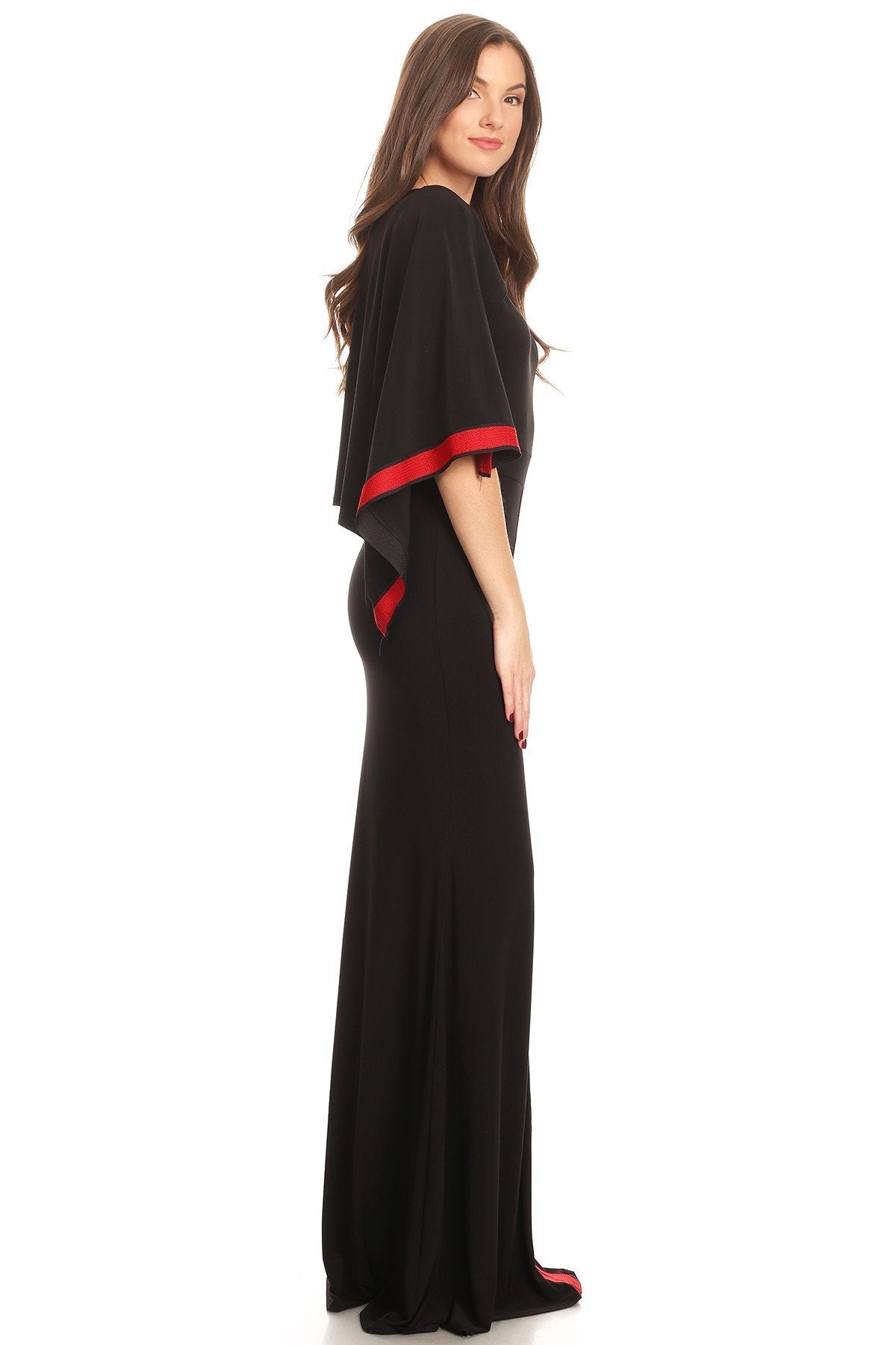 Women Chic Elegant ruffle sleeves V-Neck Dress with Red Trim Flare Maxi Dress