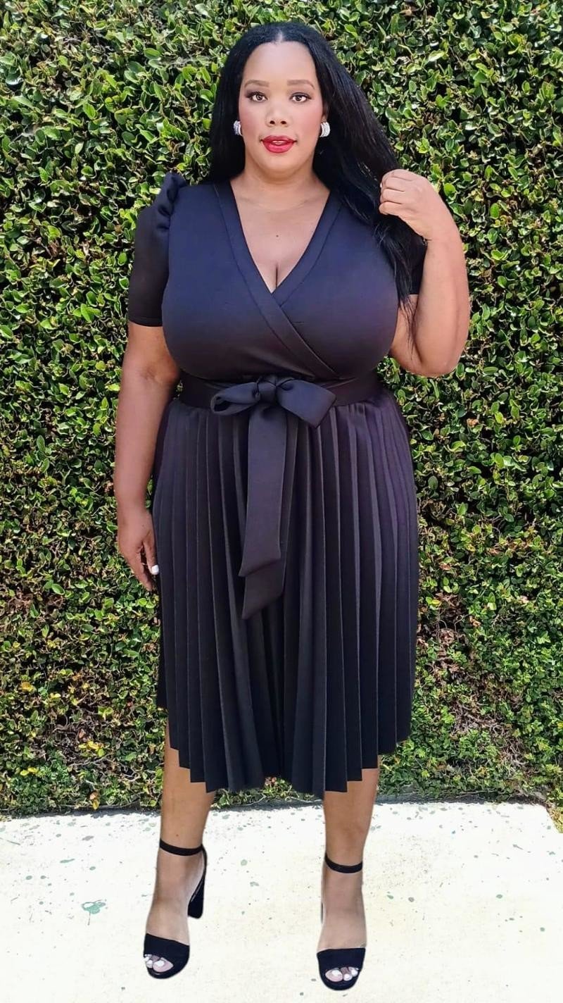 Plus Size Short Puff Sleeves Pleated Wrap Front Flare Midi Dress with Belt