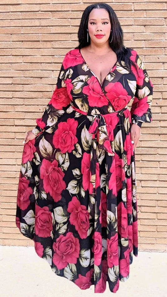 Plus Size Women Flare Peony Print Maxi Dress