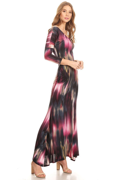 Women 3/4 Sleeves V-neck and Scoop Back Abstract printed Knit Maxi Dress and ruched detail