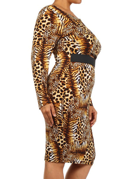 Plus Size Women Cheetah spot print Cut out Bodycon Dress