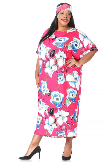 Plus Size Women Flora Print Midi Shift Dress with Headscarf