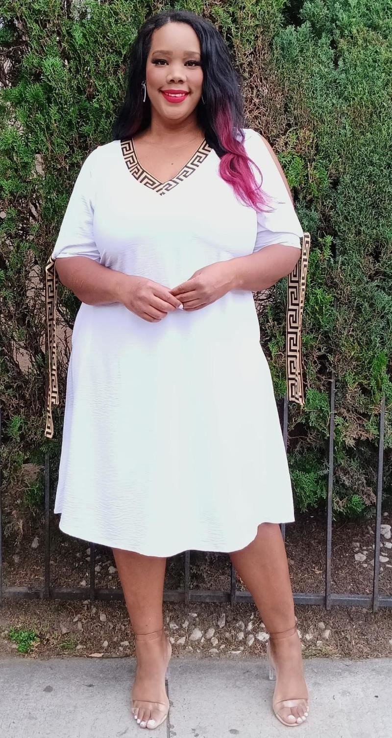 Plus Size V-Neck Geometric Trim Elegance Cold Shoulder Knee Dress