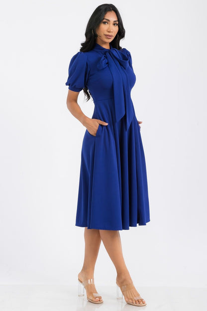 Women Chic Short Sleeves Front Bow Tie Flare Midi Flowy Dress With Belt Pockets