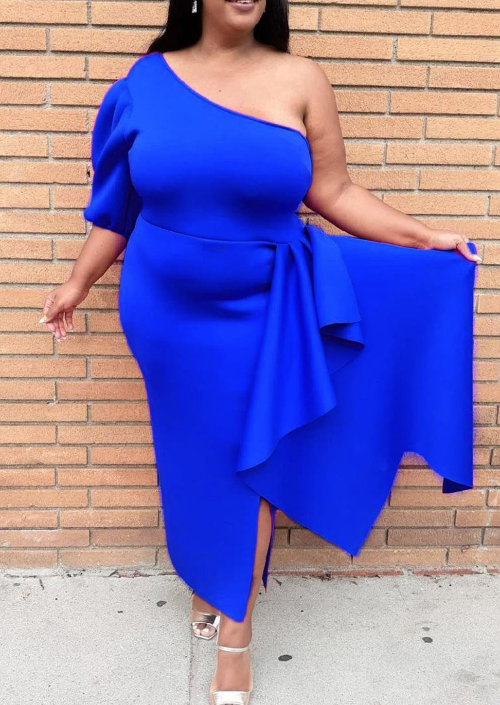 Hi Curvy Plus Size Women One Sleeve Drape Front Gown