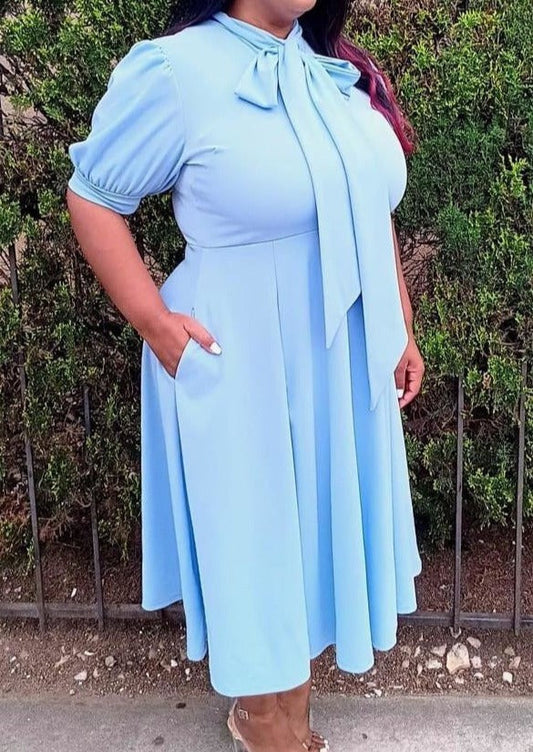 Hi Curvy Plus Size Bow Collar Fit & Flare Midi Dress