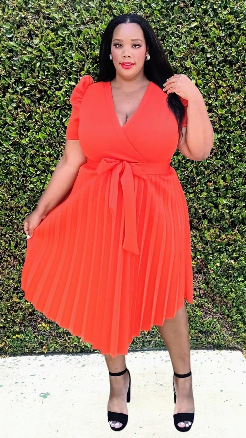 Plus Size Short Puff Sleeves Pleated Wrap Front Flare Midi Dress with Belt