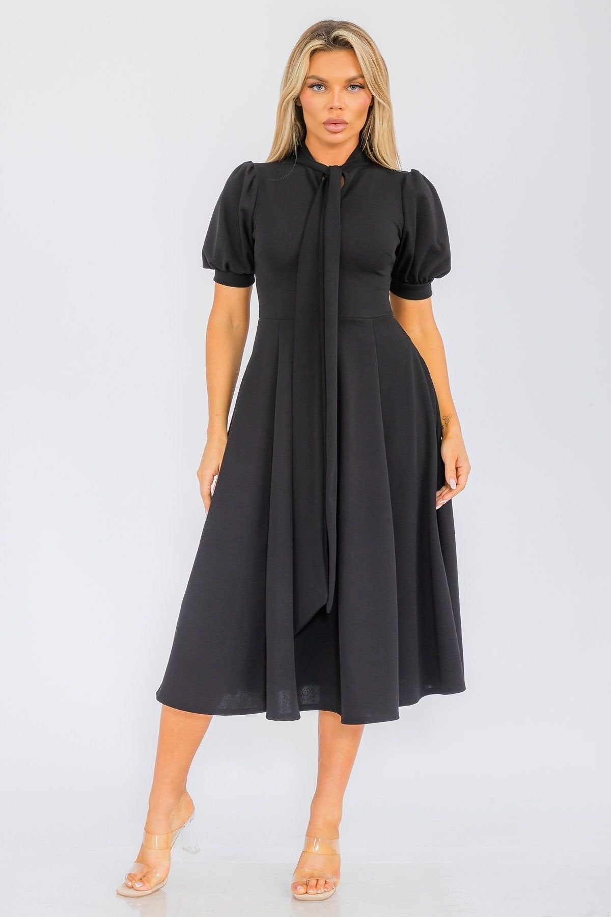 Women Chic Short Sleeves Front Bow Tie Flare Midi Flowy Dress With Belt Pockets