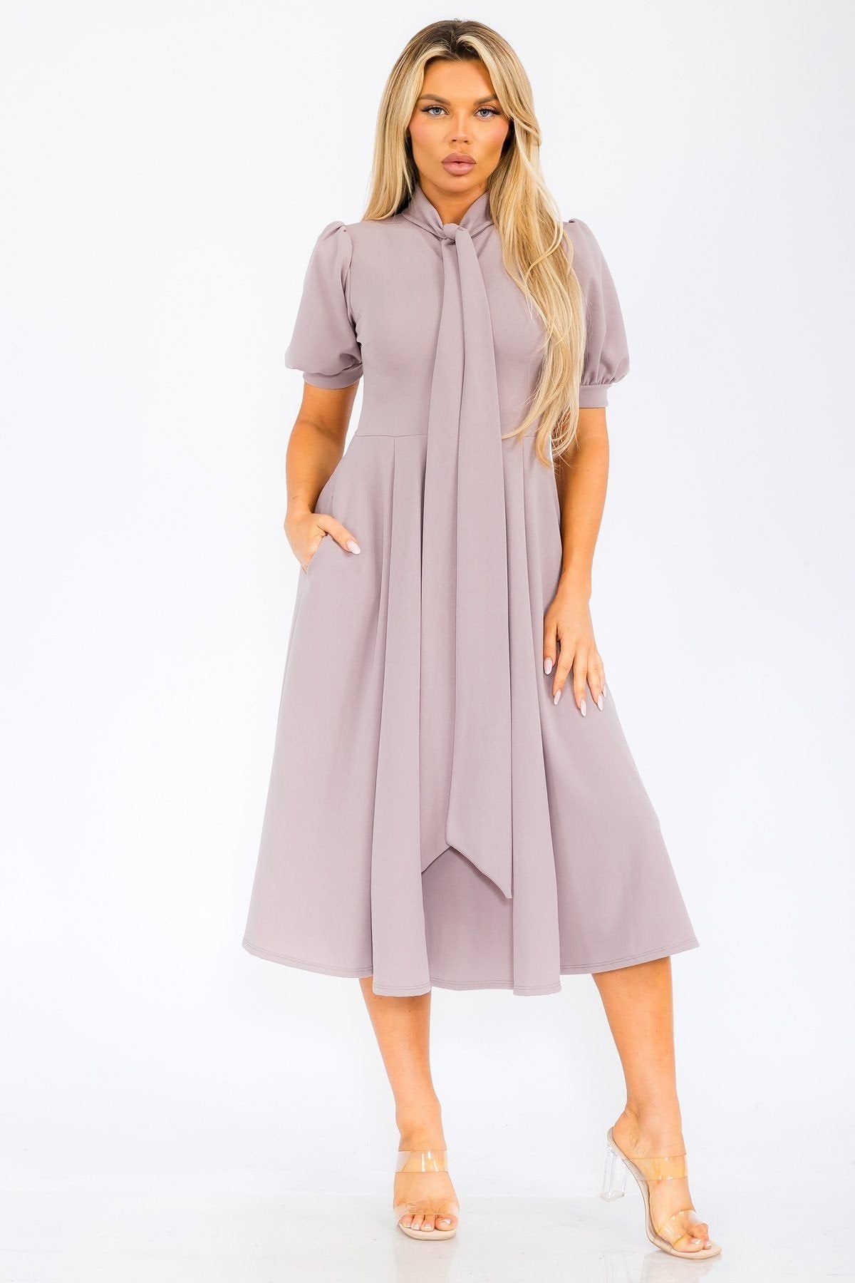 Women Chic Short Sleeves Front Bow Tie Flare Midi Flowy Dress With Belt Pockets