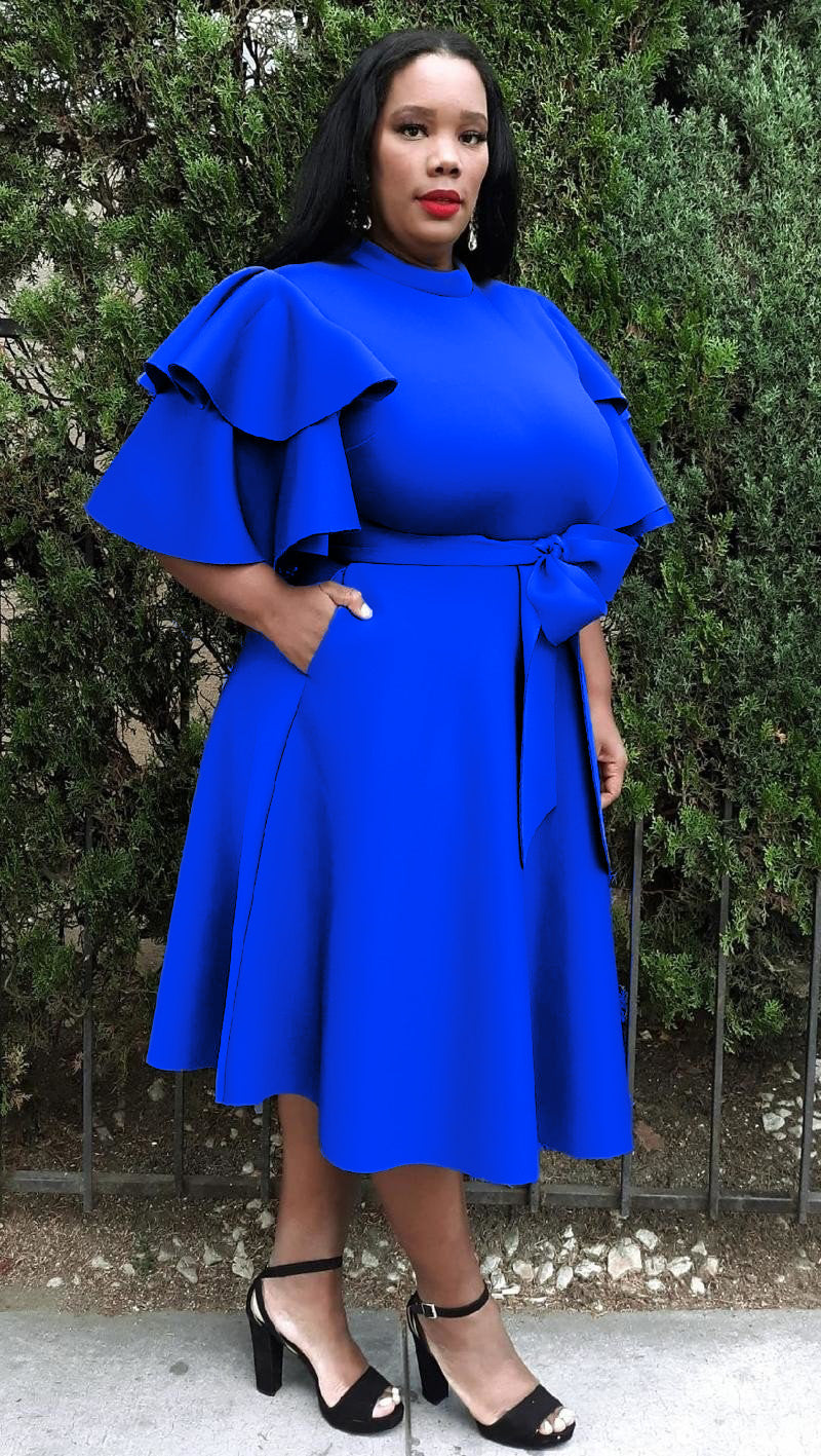 2862 Plus Size Extravagant Fit and Flare Midi Dress With Belt