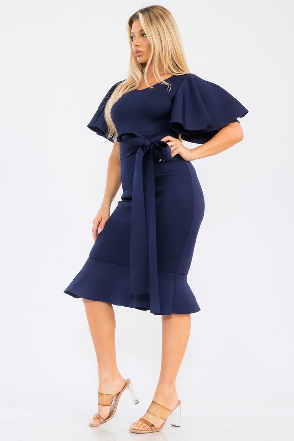 Women Chic Fluffy Sleeves Ruffled Bottom Trim With Belt Fit  Midi Dress