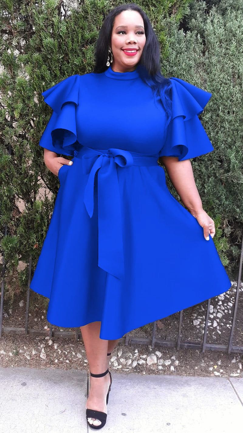 2862 Plus Size Extravagant Fit and Flare Midi Dress With Belt