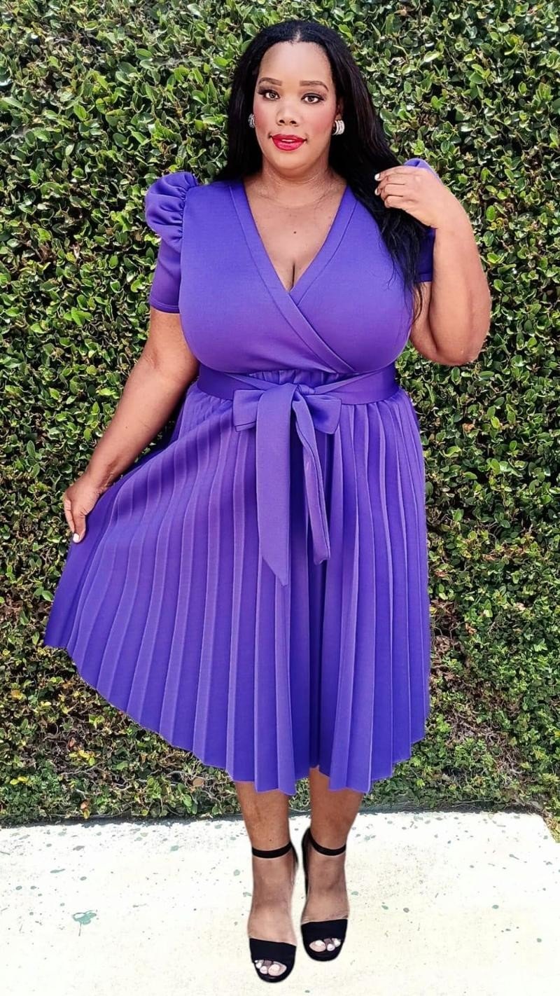 Plus Size Short Puff Sleeves Pleated Wrap Front Flare Midi Dress with Belt