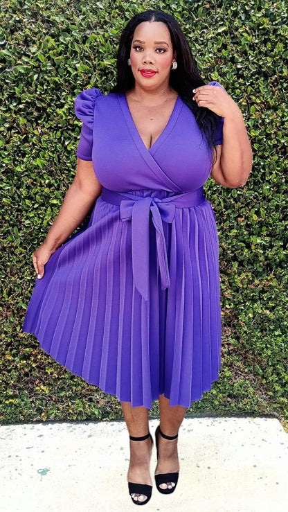 Plus Size Short Puff Sleeves Pleated Wrap Front Flare Midi Dress with Belt