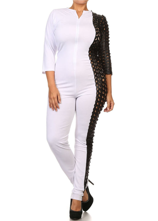 Plus Size Women Faux Leather Cutouts One Sided Contrast Jumpsuit