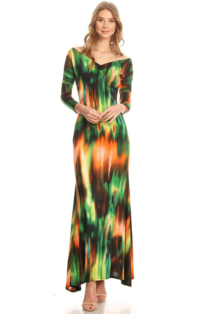 Women 3/4 Sleeves V-neck and Scoop Back Abstract printed Knit Maxi Dress and ruched detail