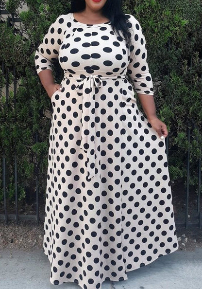 Hi Curvy Plus Size Big Polka Dot Fit & Flare maxi Dress with pockets