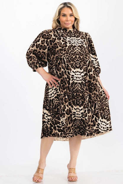 Plus Size Animal Skin Print Bishop Sleeves Pleated Knee Dress with Bow Tie Back