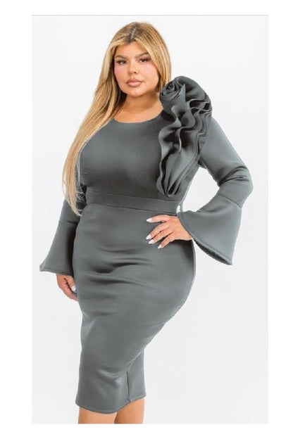 Plus Size Bell Sleeves Ruffed Shoulder with Flower Detail Bodycon Dress