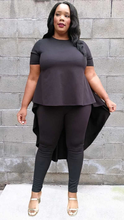 Plus Size Round Neck Short Sleeve Back pleated Top and Pants Set