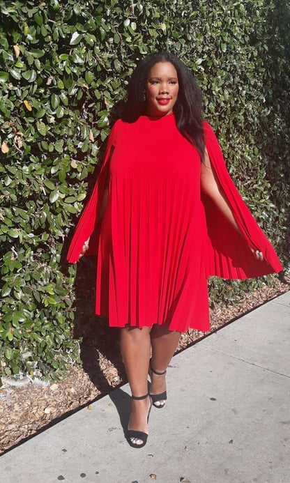 Plus Size Cape Sleeve Keyhole Back Pleated Knee Dress